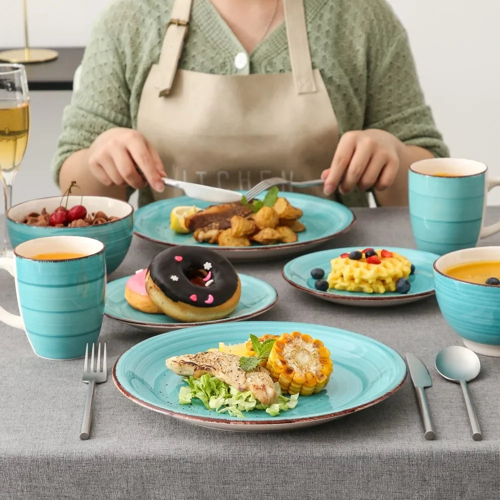 16-Piece Vintage Turquoise Ceramic Dinnerware Set
