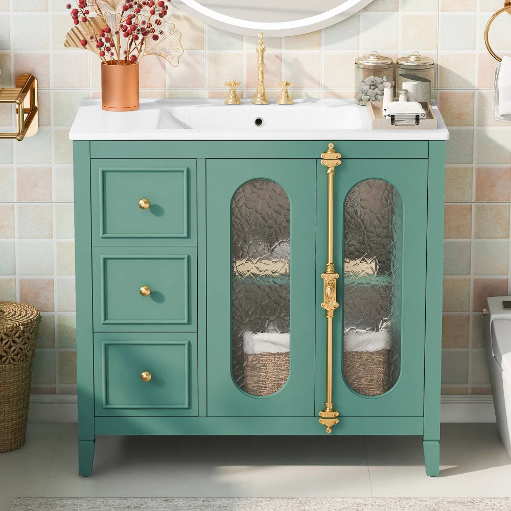Modern 36" Double Glass Door Bathroom Cabinet w/Undermount Ceramic Sink