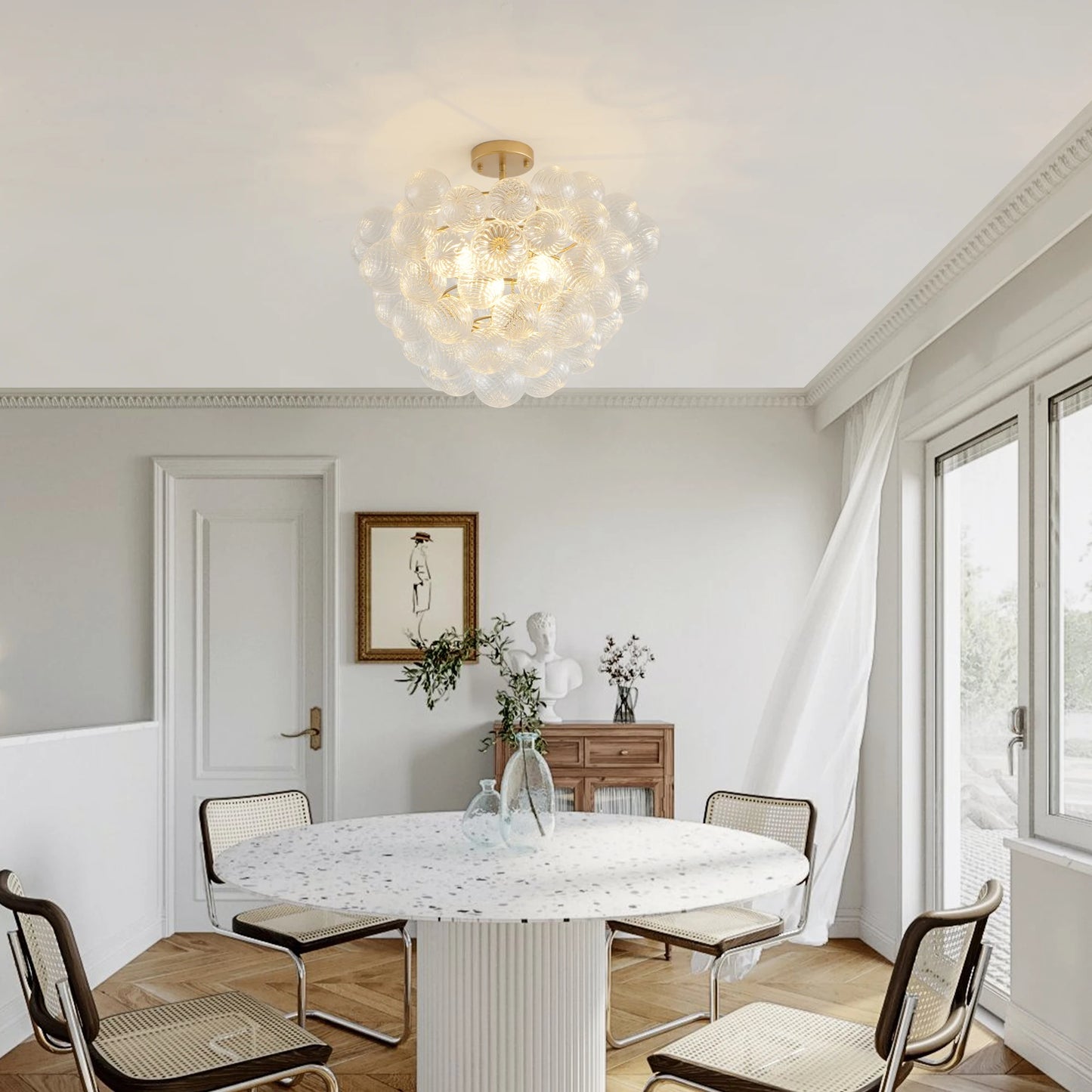 Golden Ceiling Pendant Light Chandelier w/Threaded Clear Glass Globe Shade