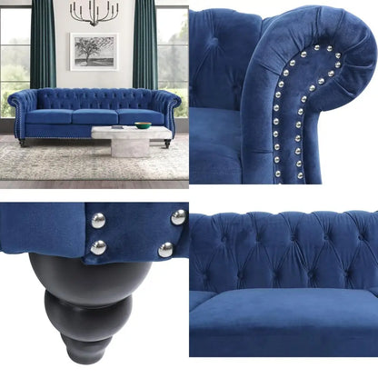 Blue Velvet Chesterfield Sofa – Close-up of the blue fabric and nailhead trim details on the 84" tufted 3-seater couch.