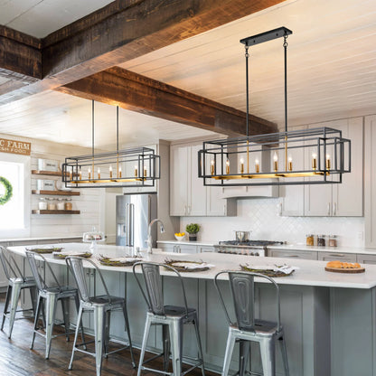 Detail shot of the Modern Farmhouse 8-Light Linear Chandelier's matte black and warm silver accents, showcasing its designer look. A beautiful modern farmhouse chandelier for upscale ambiance.