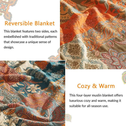 Ultra Soft 100% Muslin Cotton Boho Throw Blanket w/Printed Patchwork Floral Design