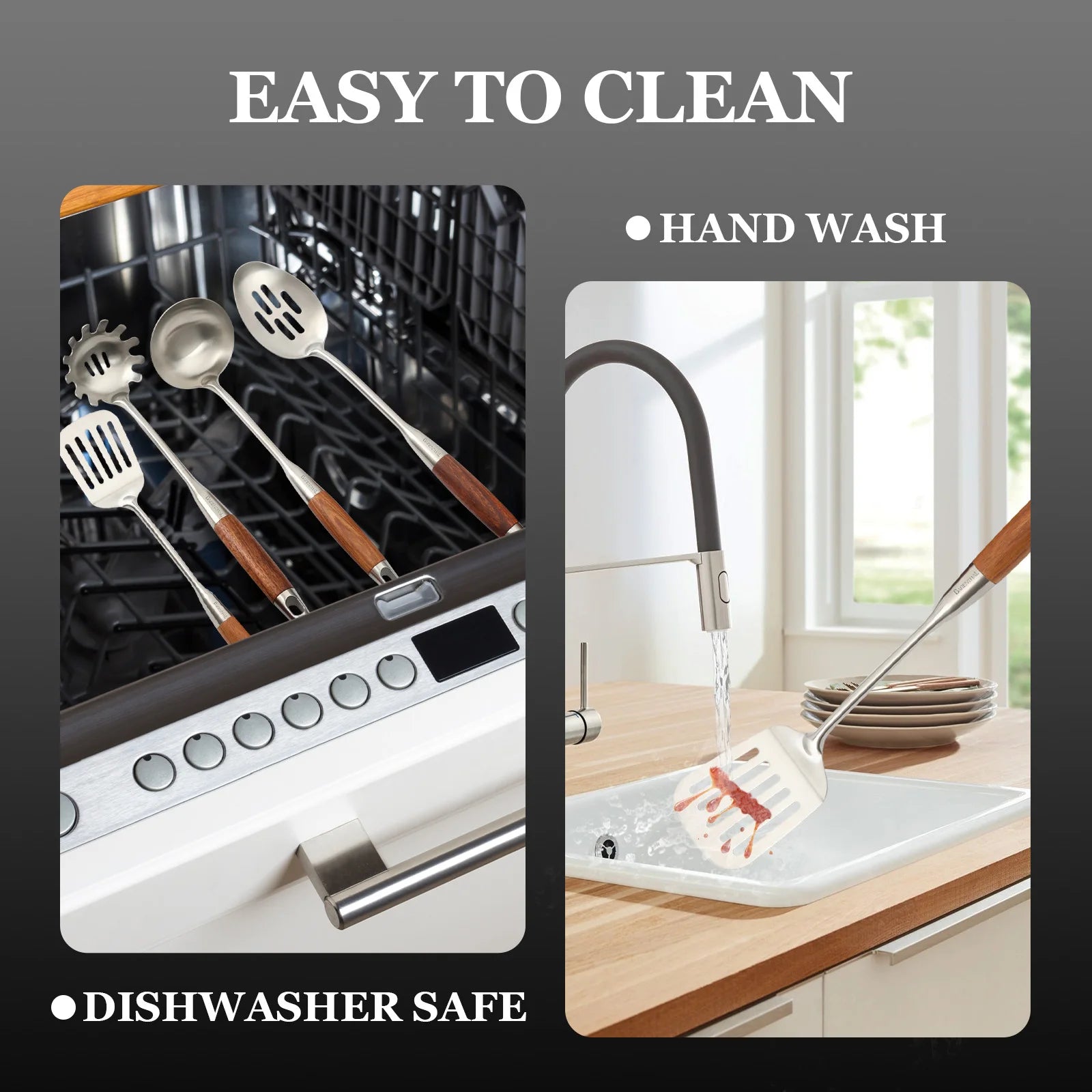 4-Piece 304 Stainless Steel Kitchen Utensil Set with Natural Wood Handles shown with ergonomic natural wood grips