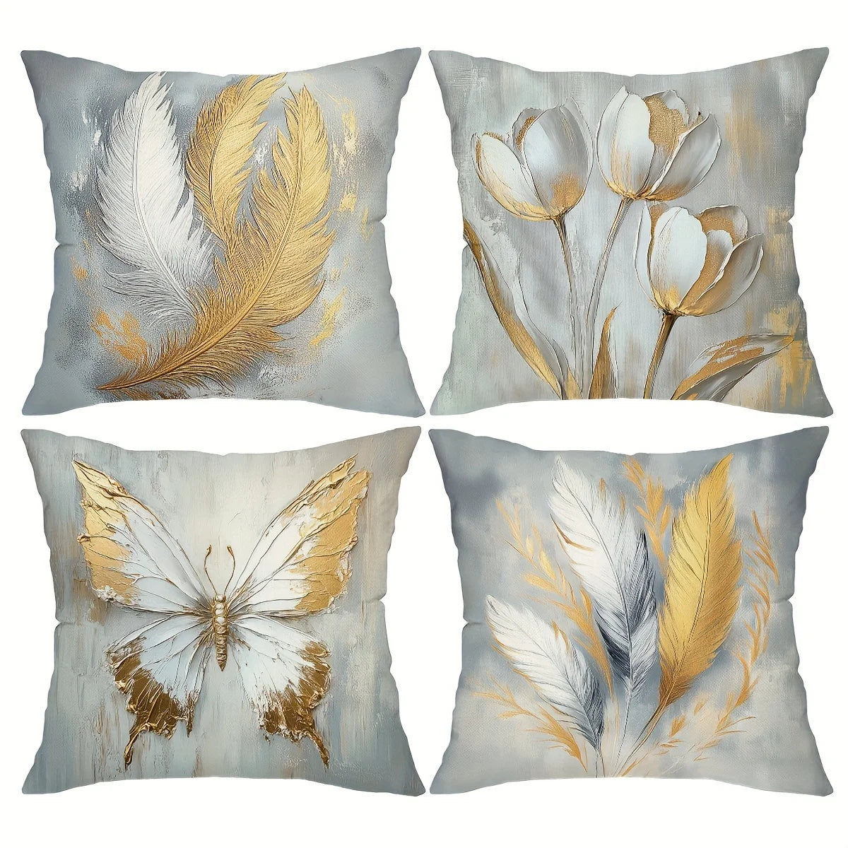 Set of 4 Gold Feather and Butterfly Bohemian Throw Pillow Covers, 17.7-Inch Decorative Cushion Cases with elegant nature-inspired artwork