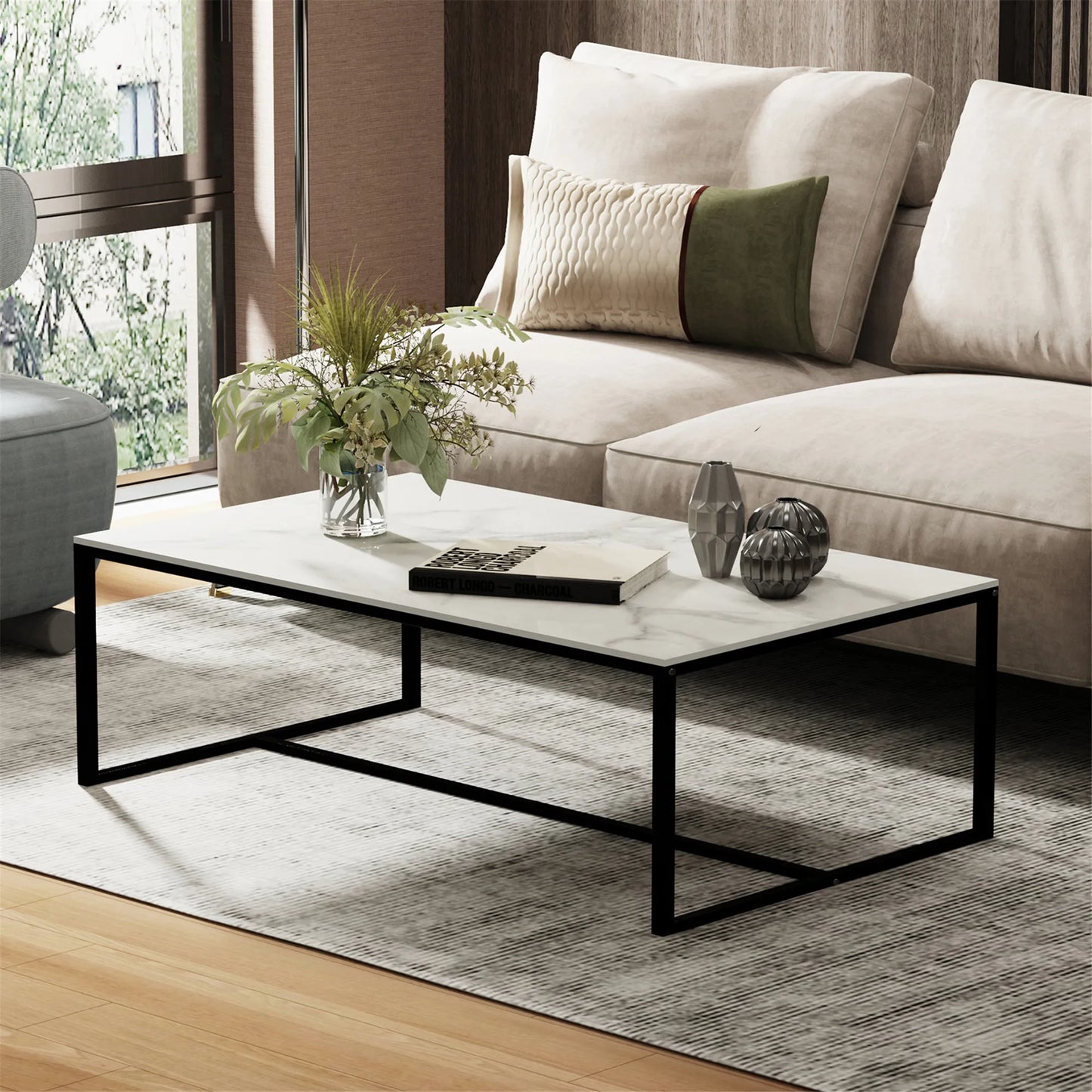 Rectangular Sintered Stone Coffee Table w/Black Metal Frame