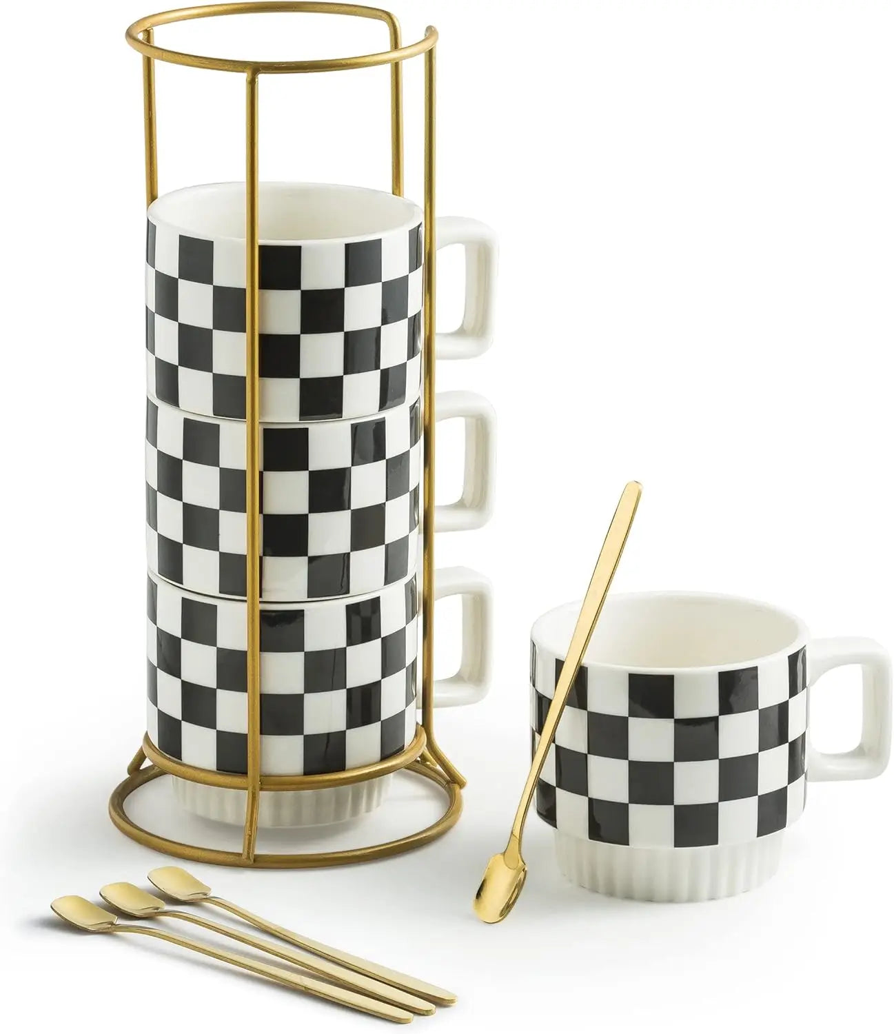 Showcasing the space-saving features of the Modern Checkered Black And White Ceramic coffee mug set on its stylish gold rack, ideal for any kitchen.