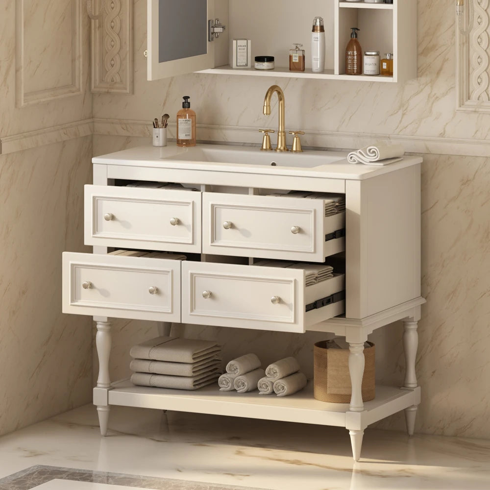 36" Beige Bathroom Vanity w/Ceramic Undermount Sink