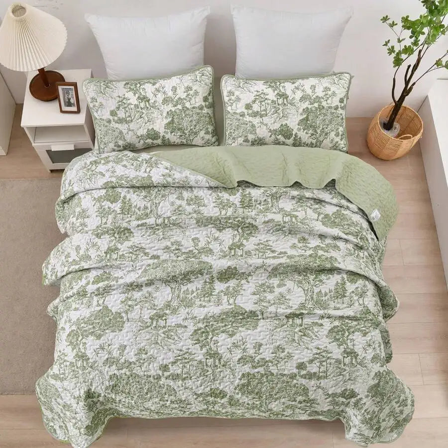 3-Piece Queen Floral Quilt Set, Lightweight Reversible Farmhouse Coverlet with 2 Pillow Shams - breathable floral quilt bedding