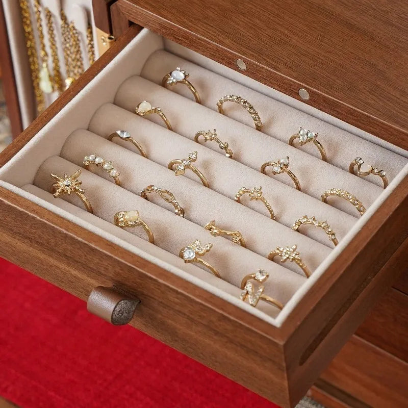 World Menagerie Black Walnut Jewelry Box with Lock - 5-Layer Wooden Organizer with Mirror - Black Walnut, five-layer jewelry organizer with lock