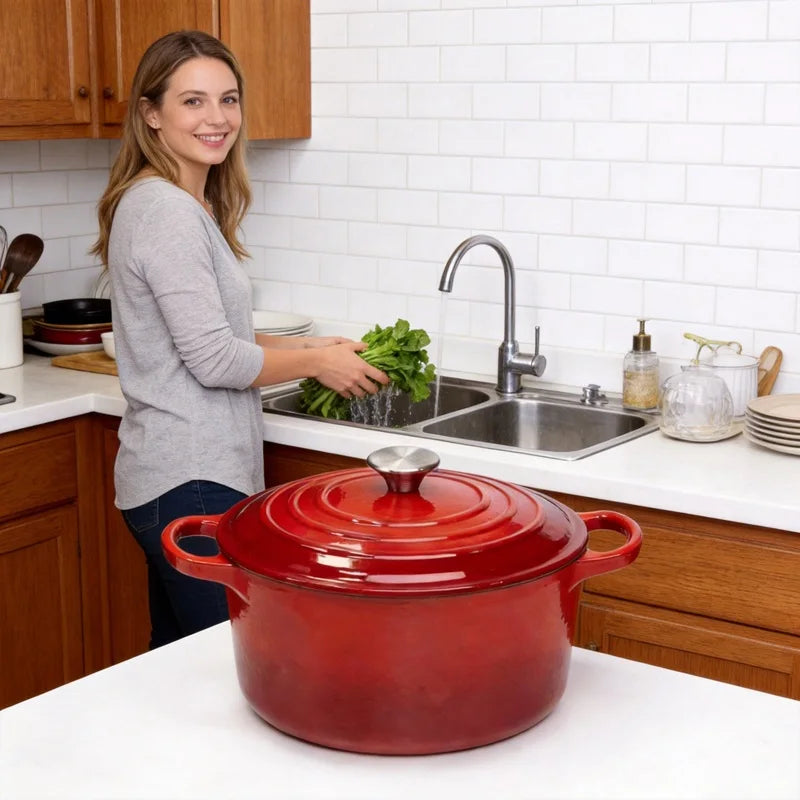 BK Bourgogne 7QT Enameled Cast Iron Dutch Oven in Chili Red, perfect for family cooking and meal prep.