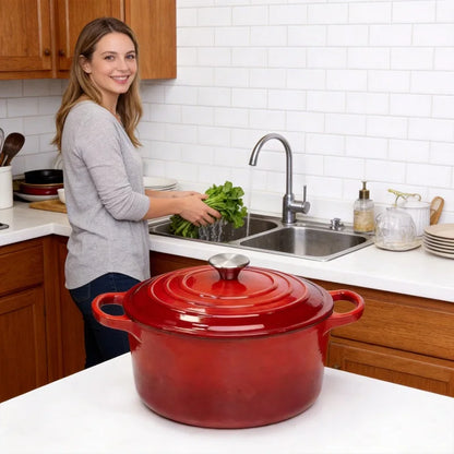 BK Bourgogne 7QT Enameled Cast Iron Dutch Oven in Chili Red, perfect for family cooking and meal prep.