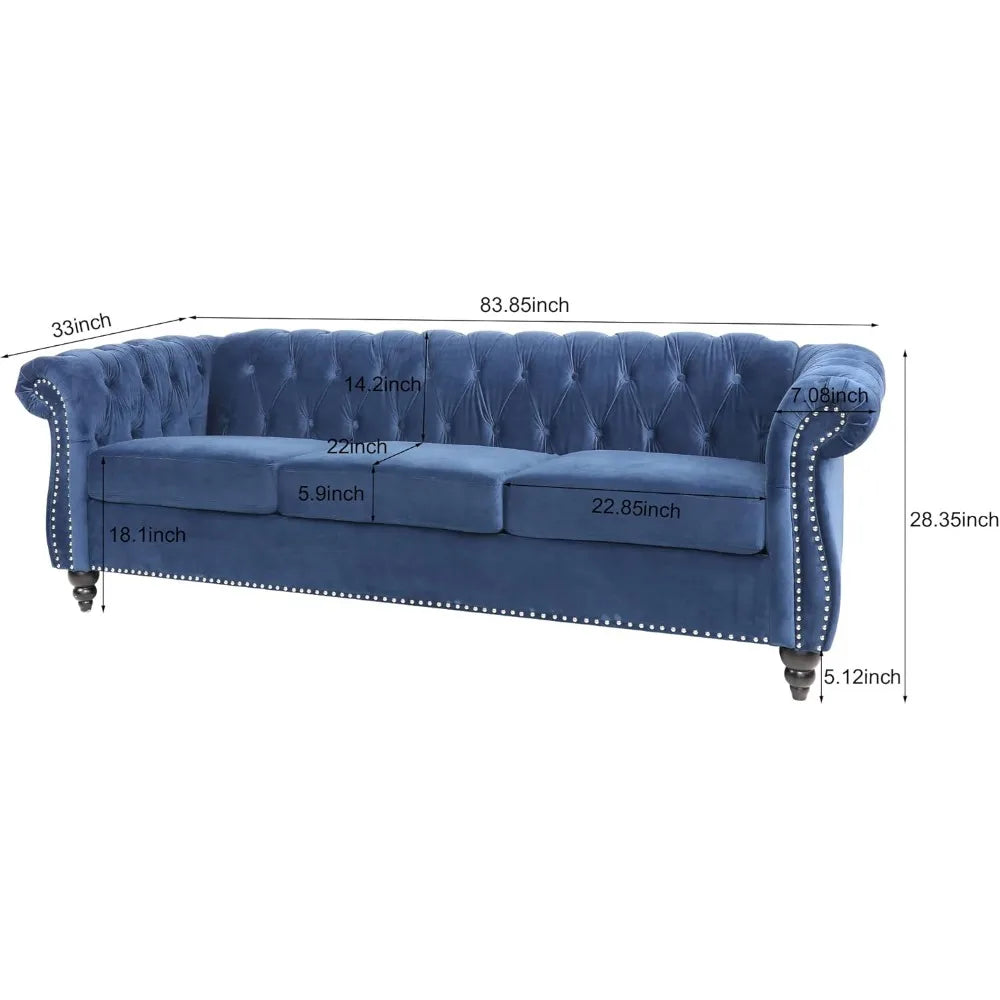 Blue Velvet Chesterfield Sofa – Side profile of the 84" tufted 3-seater couch with scrolled arms, perfect for any bedroom or living room.