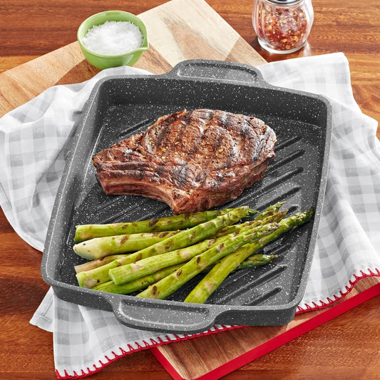 Versatile Cast Aluminum Nonistick Steak Pan12 Inch Square Non-Slip Handle Cast Aluminum Steak Pan Non-Stick Coating Rapid Heat Distribution Oven Safe Dishwasher Safe Easy