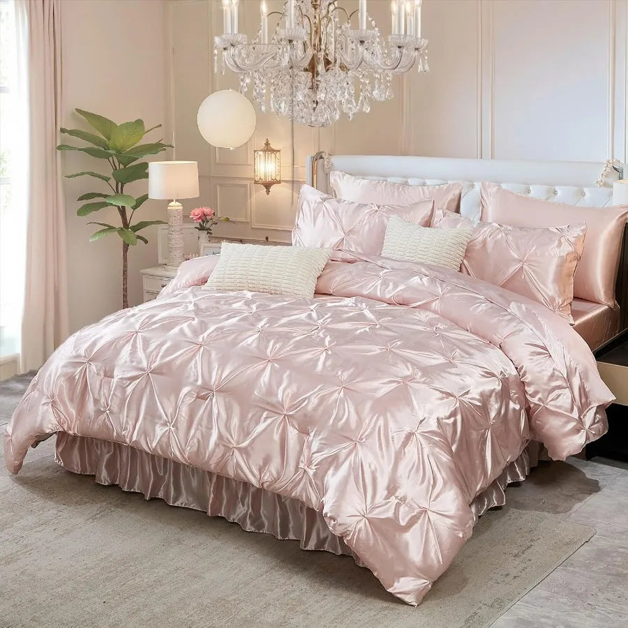 Aesthetic 10-piece King Size Pink Satin Comforter Set