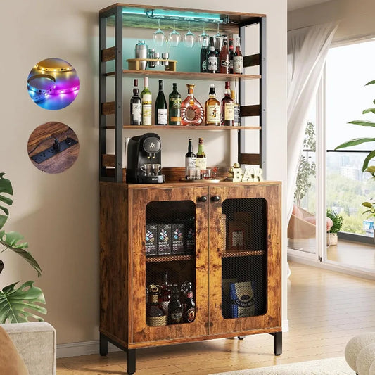 67" Tall Rustic Brown Wine Bar Cabinet w/RGB LED Lights