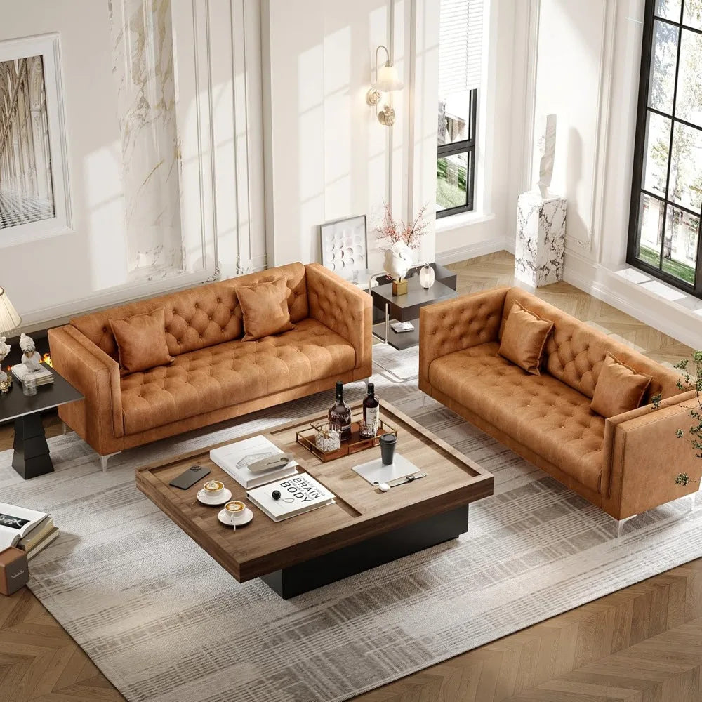 Versatile Mid-Century Modern Leather Tufted Sofa w/2 Throw Pillows