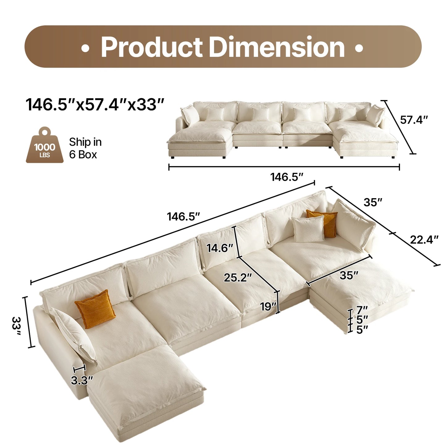 Modern Beige Chenille Upholstered Modular L-shaped Sectional Sofa w/Memory Foam Cushions