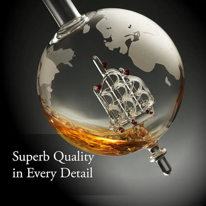 The Ship-in-a Bottle Globe Design Crystal Clear Whiskey Decanter Set w/4 Glasses