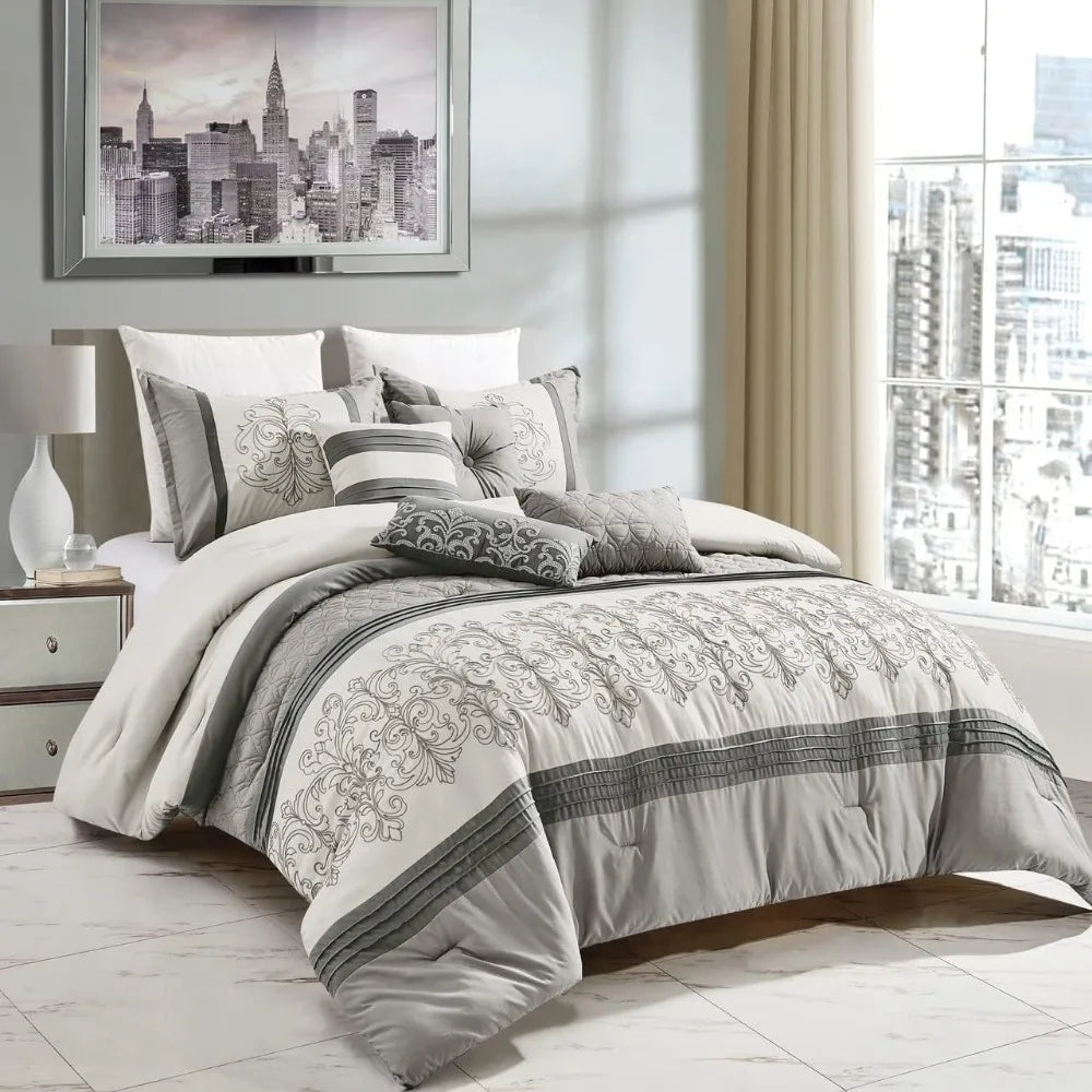 Luxury Full/Queen 7-Piece Bed in a Bag Light Grey Comforter Set 