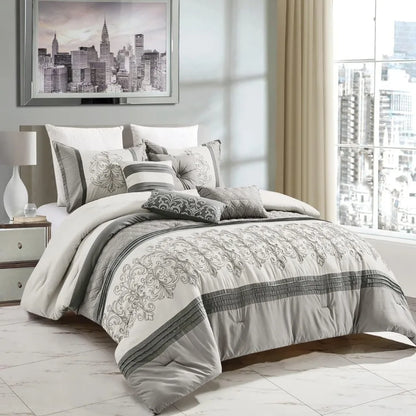 Luxury Full/Queen 7-Piece Bed in a Bag Light Grey Comforter Set 