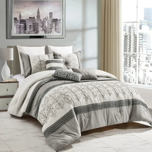 Luxury Full/Queen 7-Piece Bed in a Bag Light Grey Comforter Set 