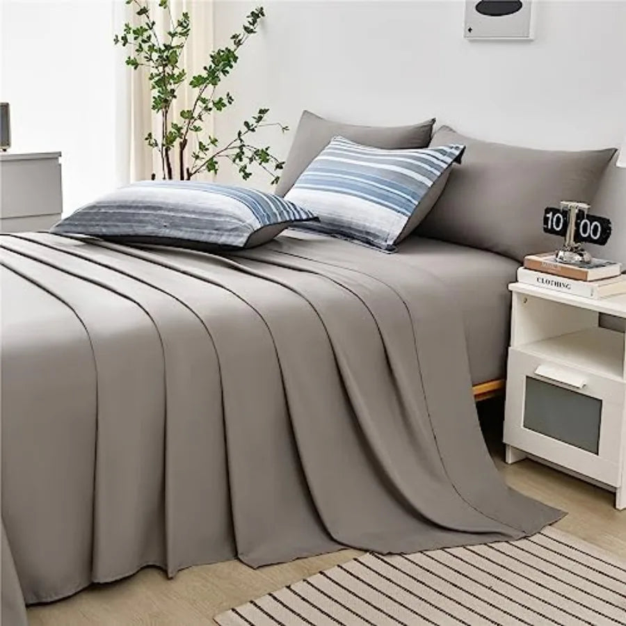 Modern coastal styling with Light Blue Blue & White Striped Queen Comforter Set, emphasizing soft microfiber bedding and a calming aesthetic.