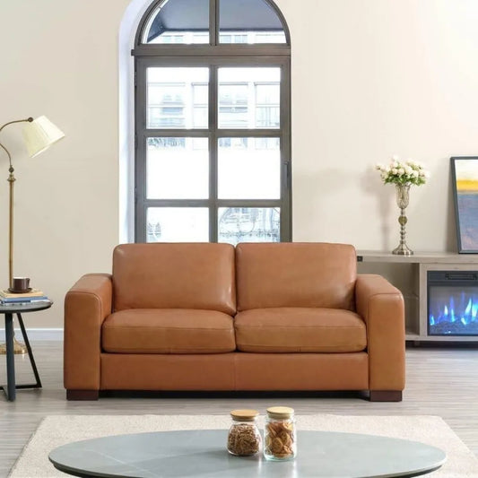 Modern Genuine Leather Mini Loveseat Sofa