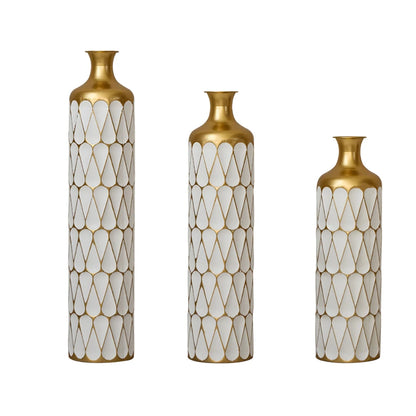 White Tall & Slender Metal Cylindrical Floor Vase~Set of 3