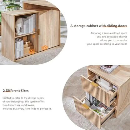 Modern L-shaped Fluted Credenza Desk w/Storage Cabinet & Drawers