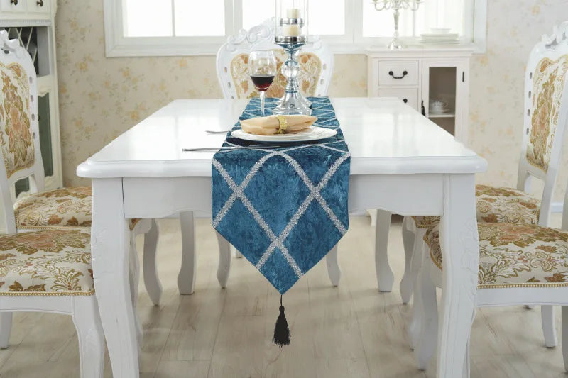 Long Strip Table Runner in Gray - Modern design showcasing a long table runner for dining decor.