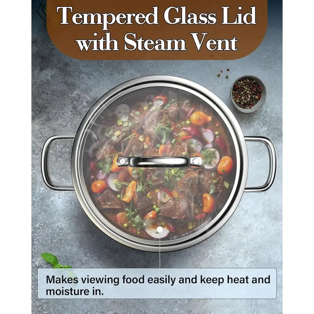 HomelyOasis 12-Qt. Stainless Steel Tri-Ply Clad Stockpot with lid, displayed on a stove, a perfect large stainless steel stockpot for any kitchen.