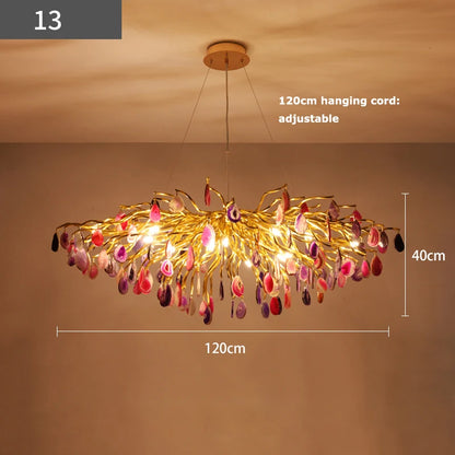 Gorgeous art deco chandelier with LED lights illuminating colorful agate slices, a striking centerpiece.