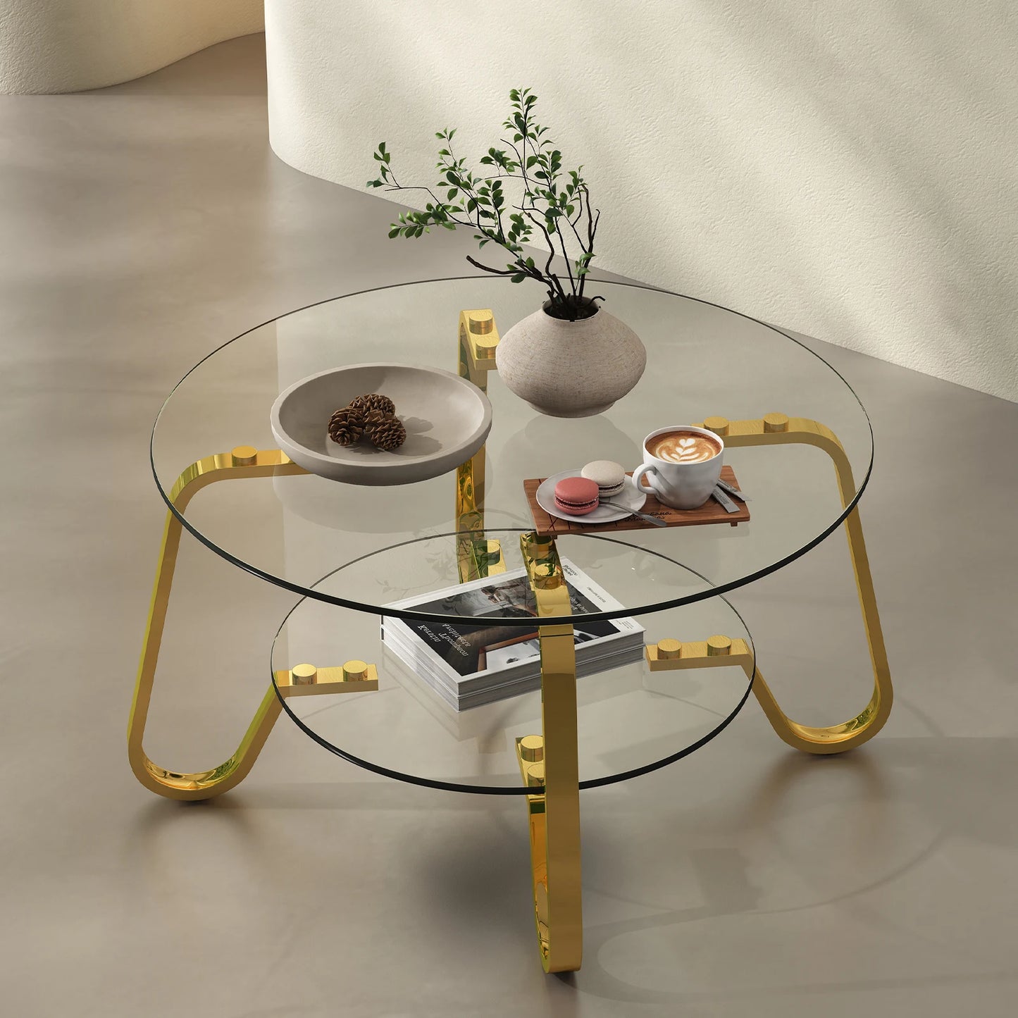Retro Minimalist Metal Frame Coffee Table with Double-Layer Tempered Glass Top - Versatile & Stylish - showcasing the practicality and stylish design of the retro minimalist coffee table.
