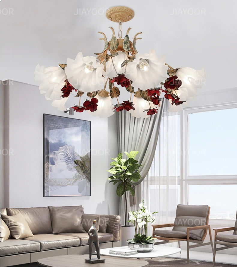 Close-up view of the Pastoral Floral Chandelier showcasing the intricate red rose accents, a stunning floral chandelier ideal for vintage settings.