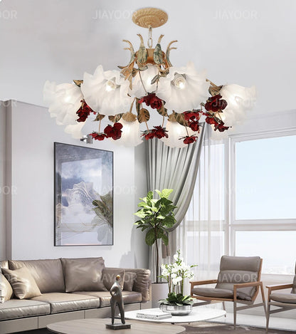 Close-up view of the Pastoral Floral Chandelier showcasing the intricate red rose accents, a stunning floral chandelier ideal for vintage settings.