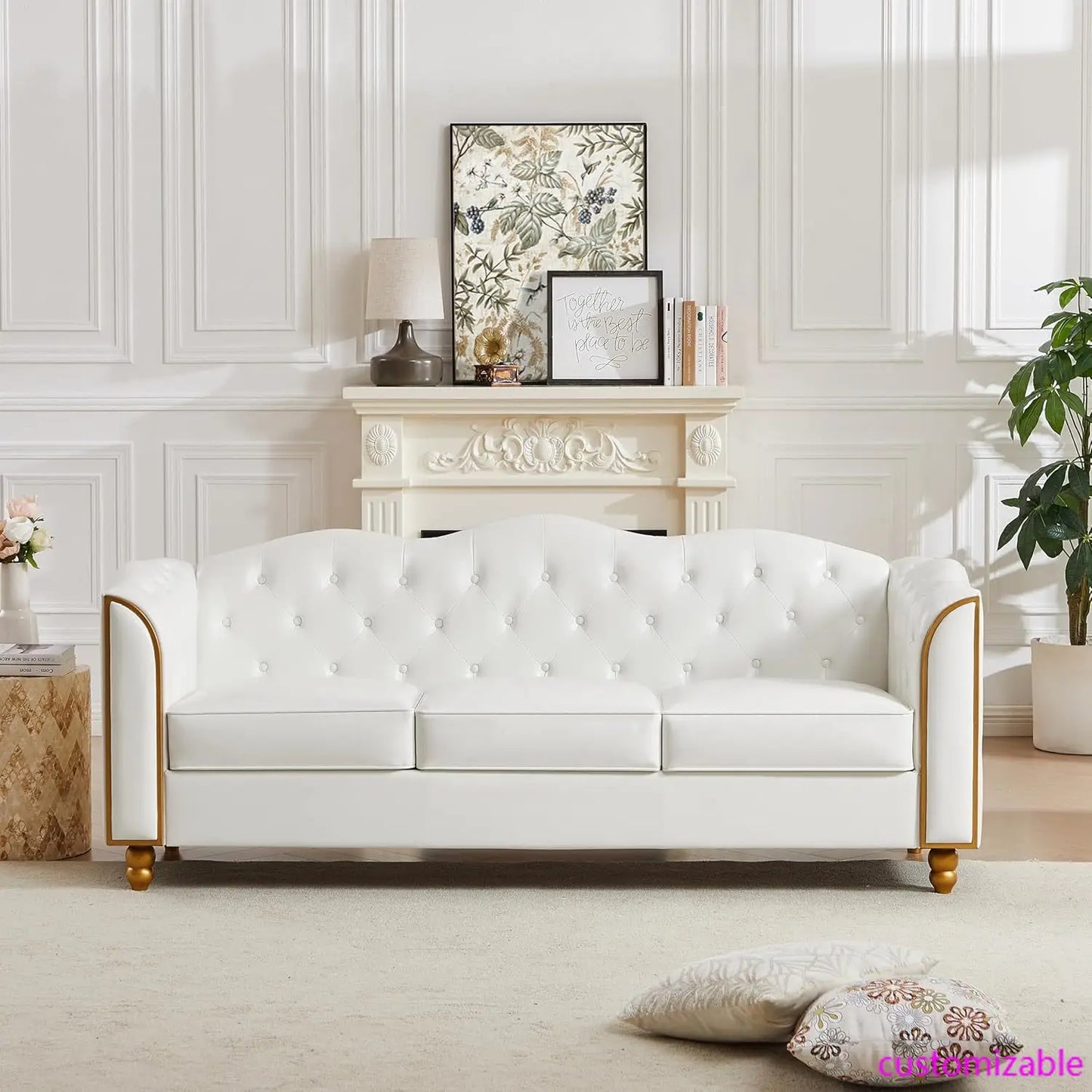 Luxurious White Button Tufted Upholstered Faux Leather Cloud Sofa/Couch