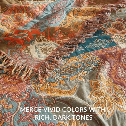 Ultra Soft 100% Muslin Cotton Boho Throw Blanket w/Printed Patchwork Floral Design