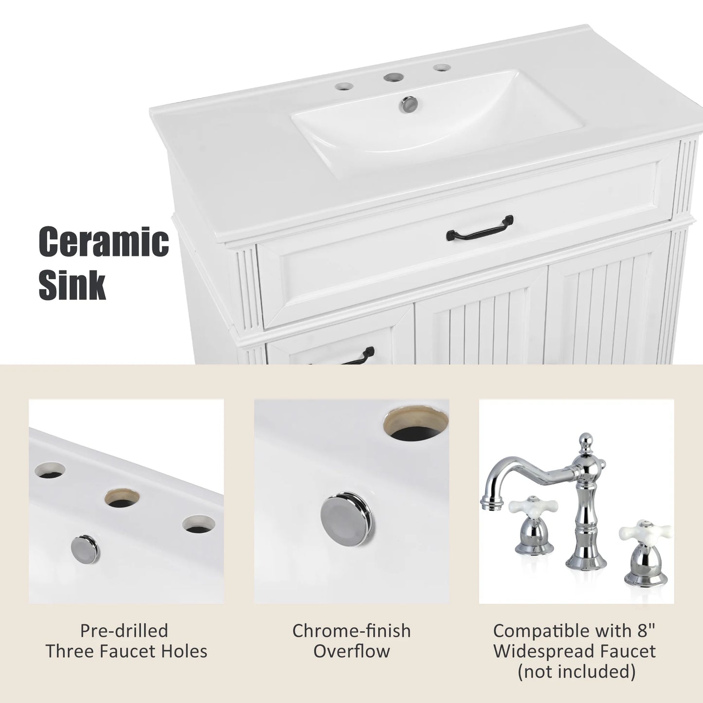 Freestanding 36" White Bathroom Vanity w/Ceramic Sink