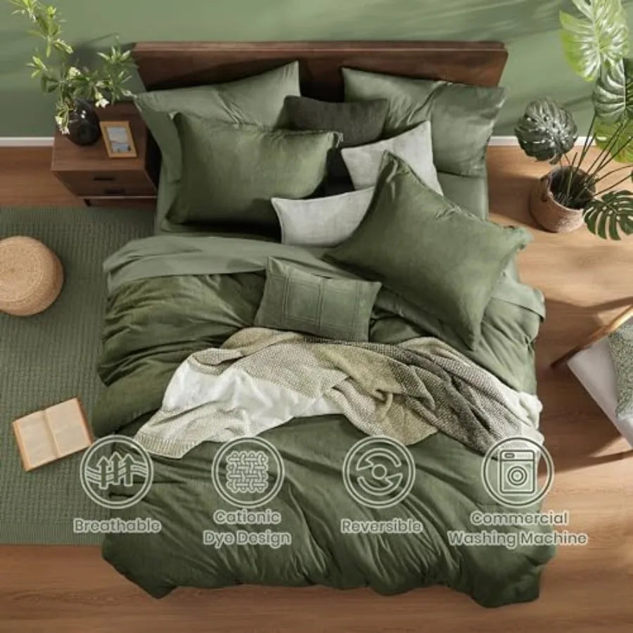 Stylishly arranged olive green 7 piece bed in a bag set, showcasing its ultra-soft texture and contemporary design.