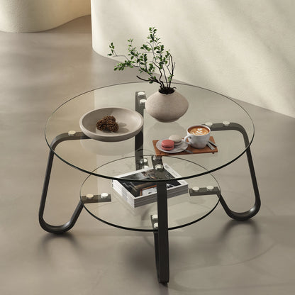 Retro Minimalist Metal Frame Coffee Table with Double-Layer Tempered Glass Top - Versatile & Stylish - elegant retro minimalist coffee table set up for a cozy living space.