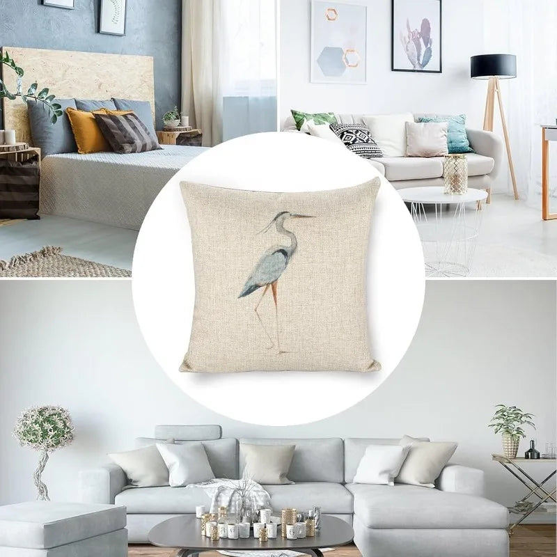 Icotoibabie Linen Throw Pillow Cover - Blue Egret Floral Coastal Decorative Cushion Case, double-sided floral linen throw pillow cover