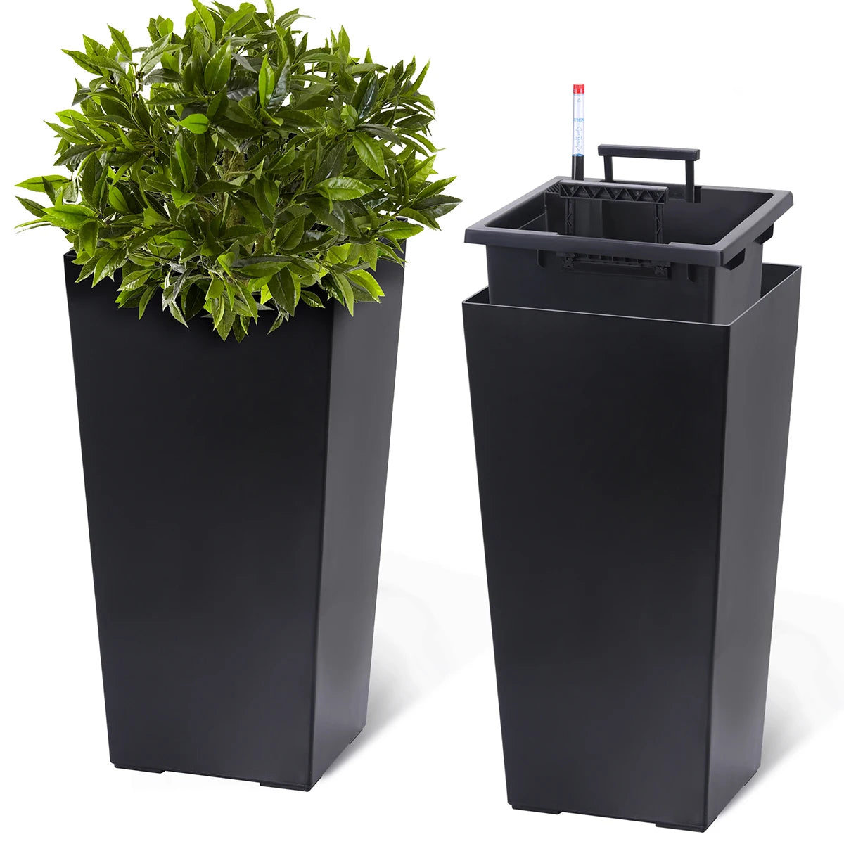 Set of 2 Black 22.5-Inch Self-Watering Tall Square Planters with Water Level Indicator, tall planters with water indicator for balconies
