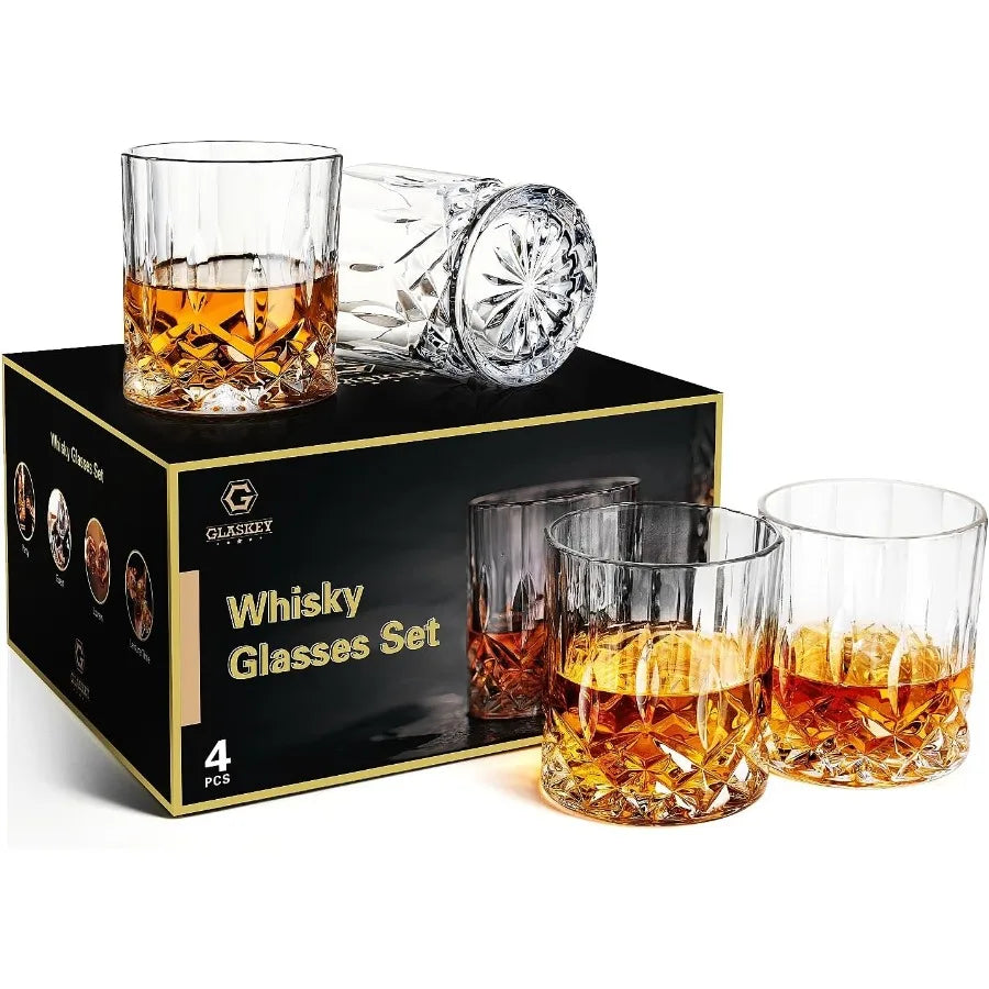 A set of Crystal Whiskey Glasses displayed in an elegant home bar, highlighting their upscale appearance.
