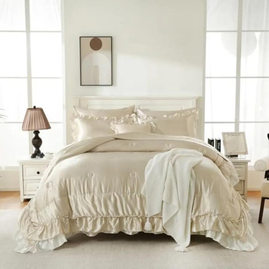 Lifestyle shot of the Beige Satin Ruffle Comforter Set presenting its elegance in a chic bedroom environment.