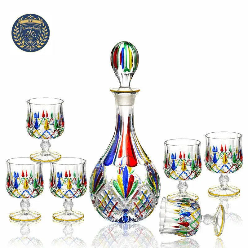 Colorful Wine Decanter & Patterned Glass Set
