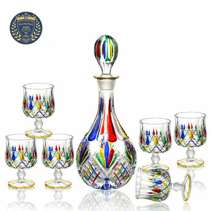 Colorful Wine Decanter & Patterned Glass Set