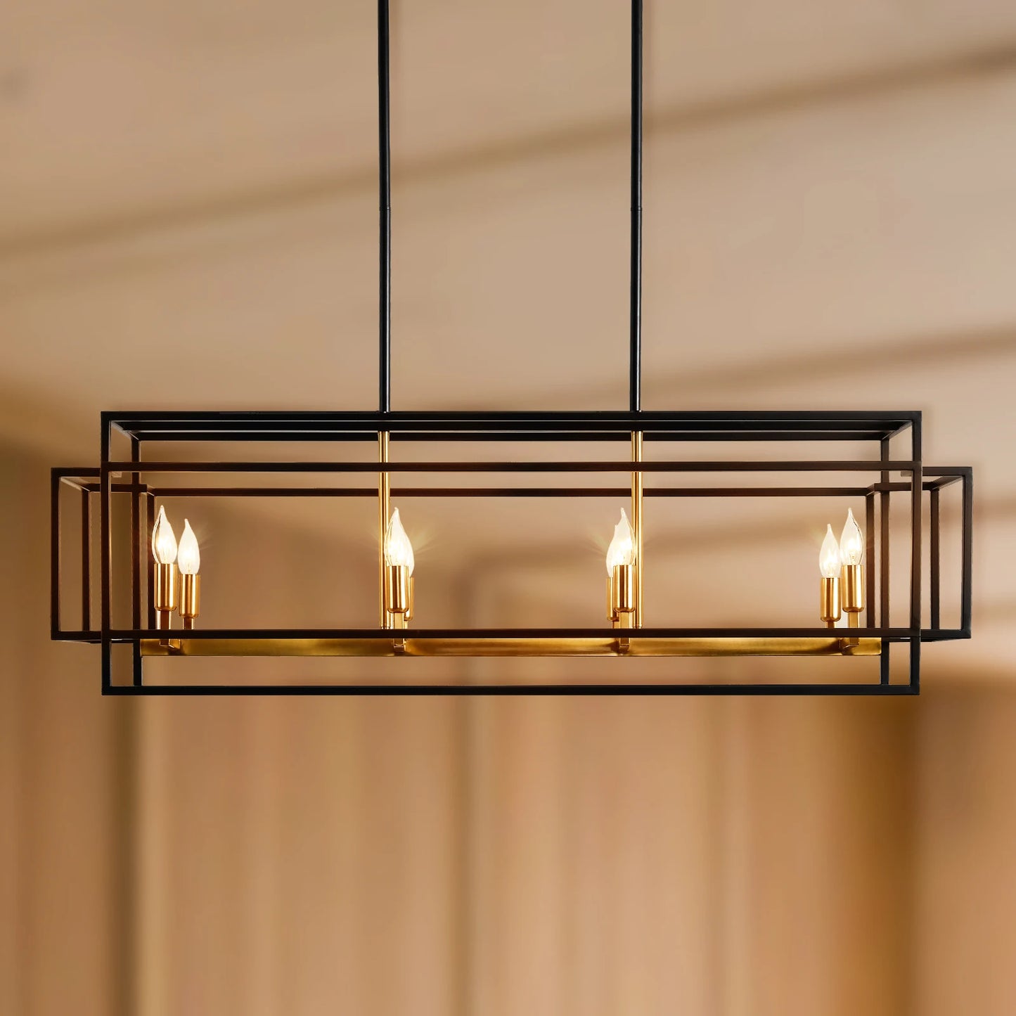Modern Farmhouse 8-Light Linear Chandelier installed in a dining area, demonstrating its perfect fit and lighting capabilities. The go-to modern farmhouse chandelier for dining spaces.
