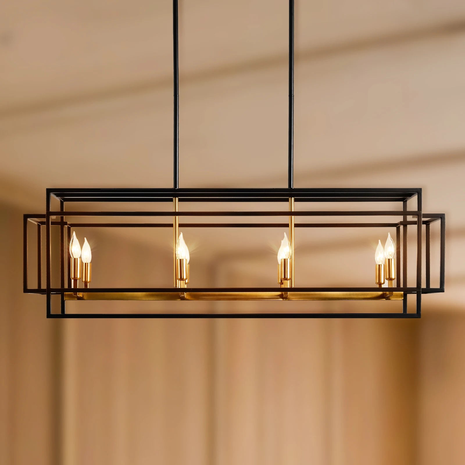 Modern Farmhouse 8-Light Linear Chandelier installed in a dining area, demonstrating its perfect fit and lighting capabilities. The go-to modern farmhouse chandelier for dining spaces.