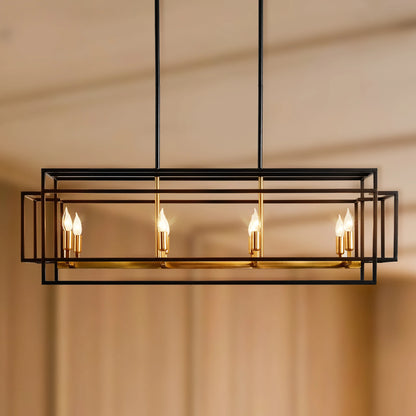 Modern Farmhouse 8-Light Linear Chandelier installed in a dining area, demonstrating its perfect fit and lighting capabilities. The go-to modern farmhouse chandelier for dining spaces.