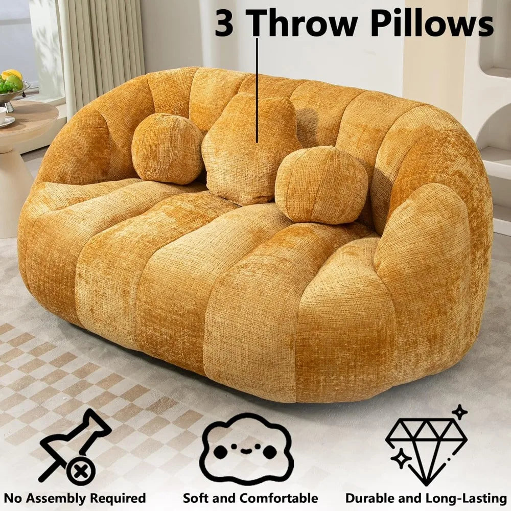 Luxurious Ergonomic Oversized(63.8W) Chenille Fluffy Lazy Sofa Set w/Three(3) Cushions 